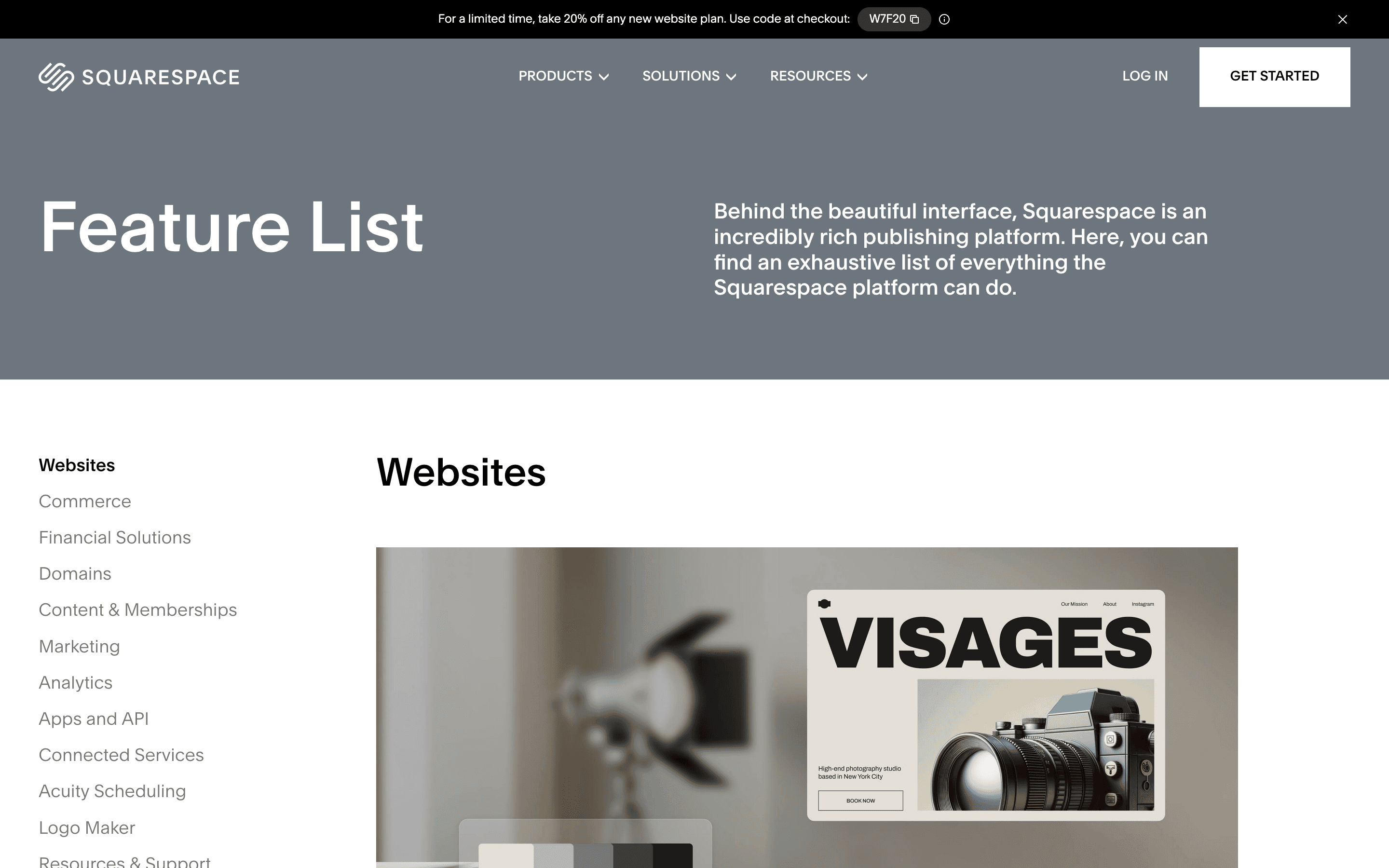 Squarespace: Feature index