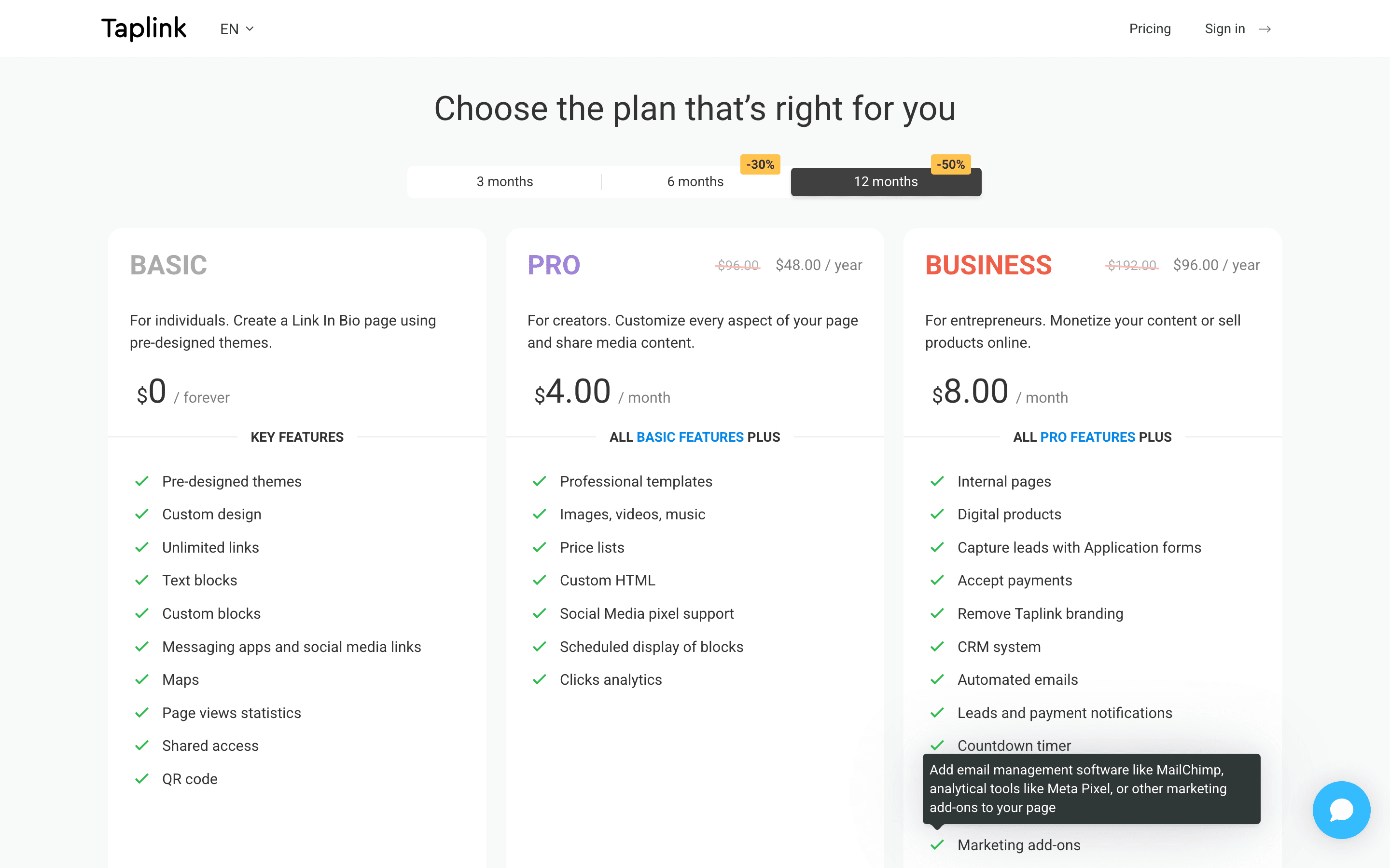 Taplink pricing