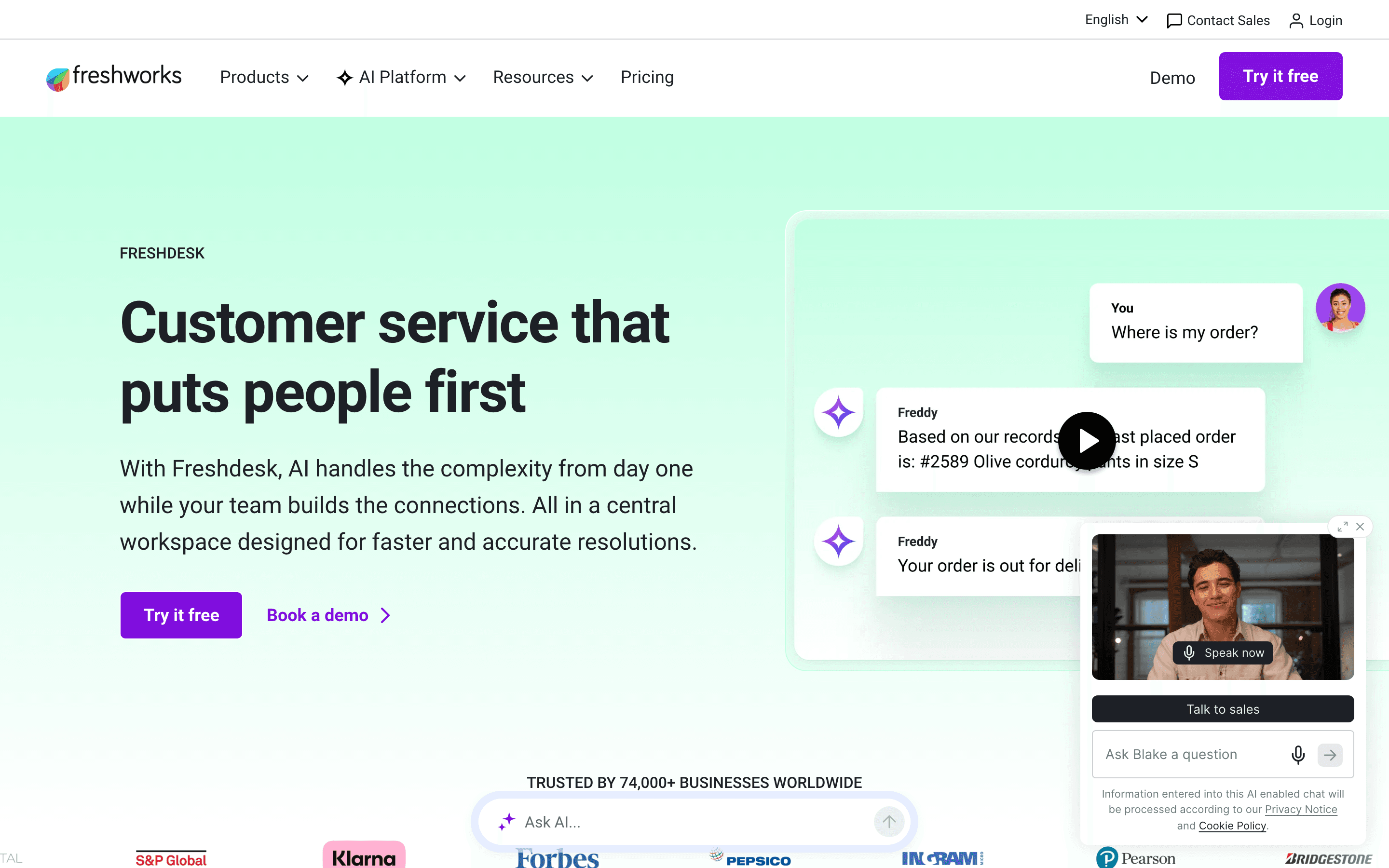 Freshdesk homepage