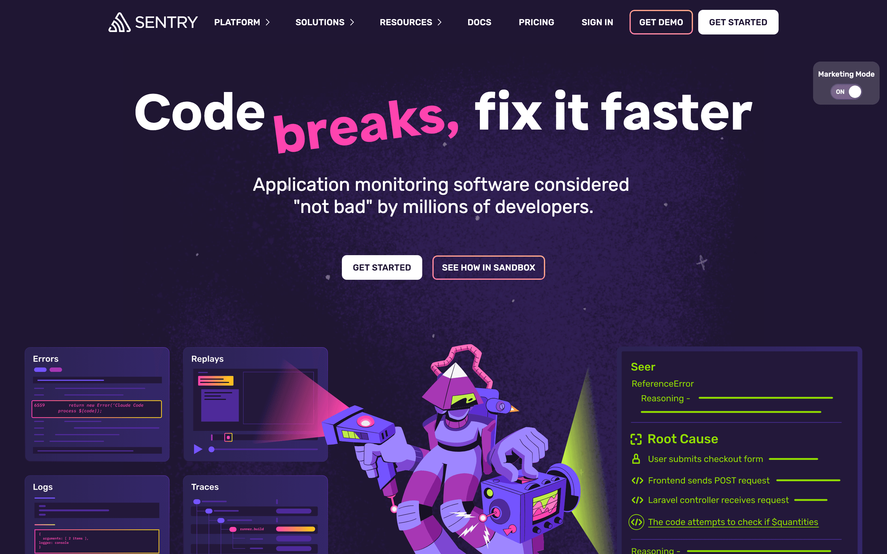 Sentry homepage