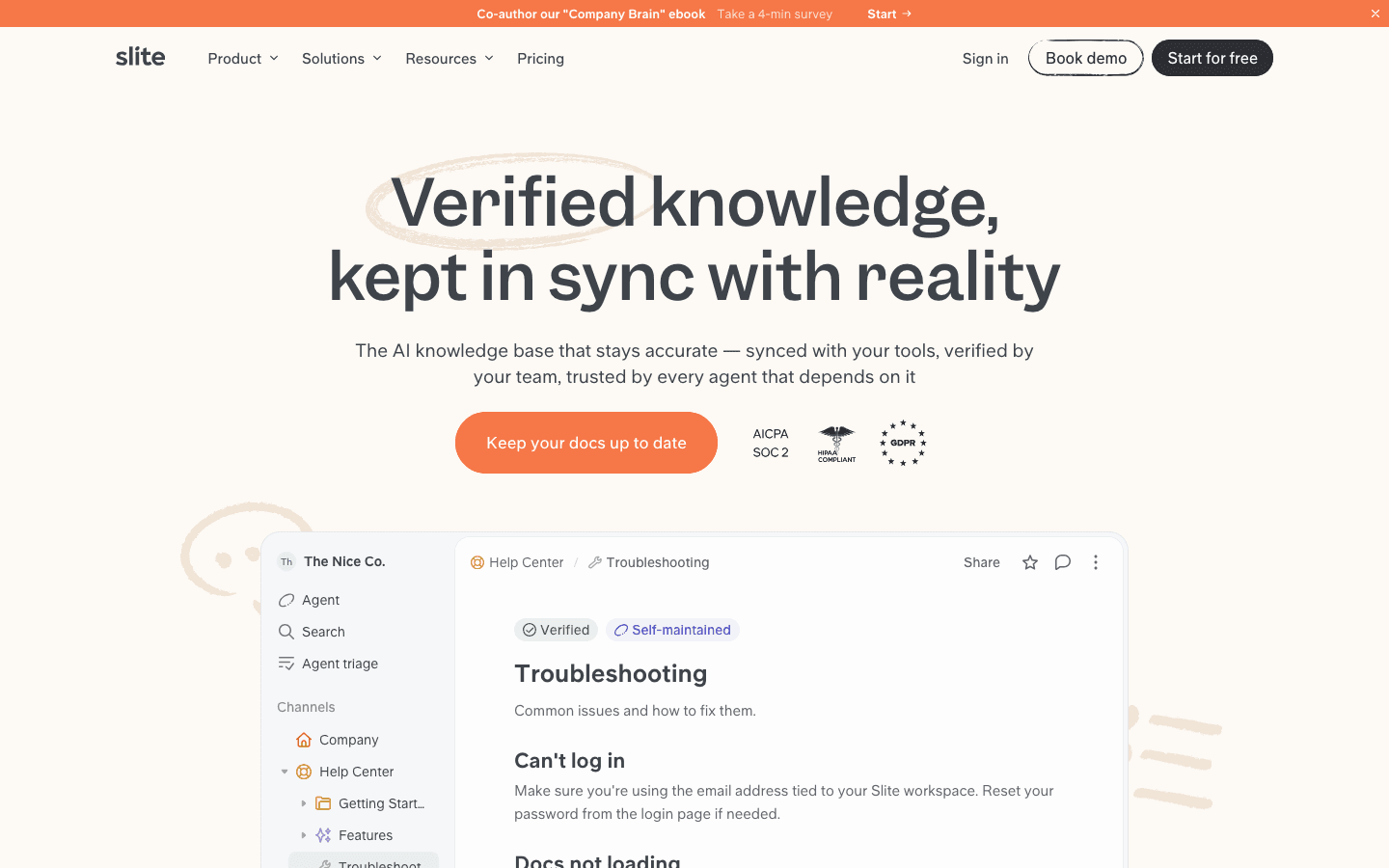 Slite homepage
