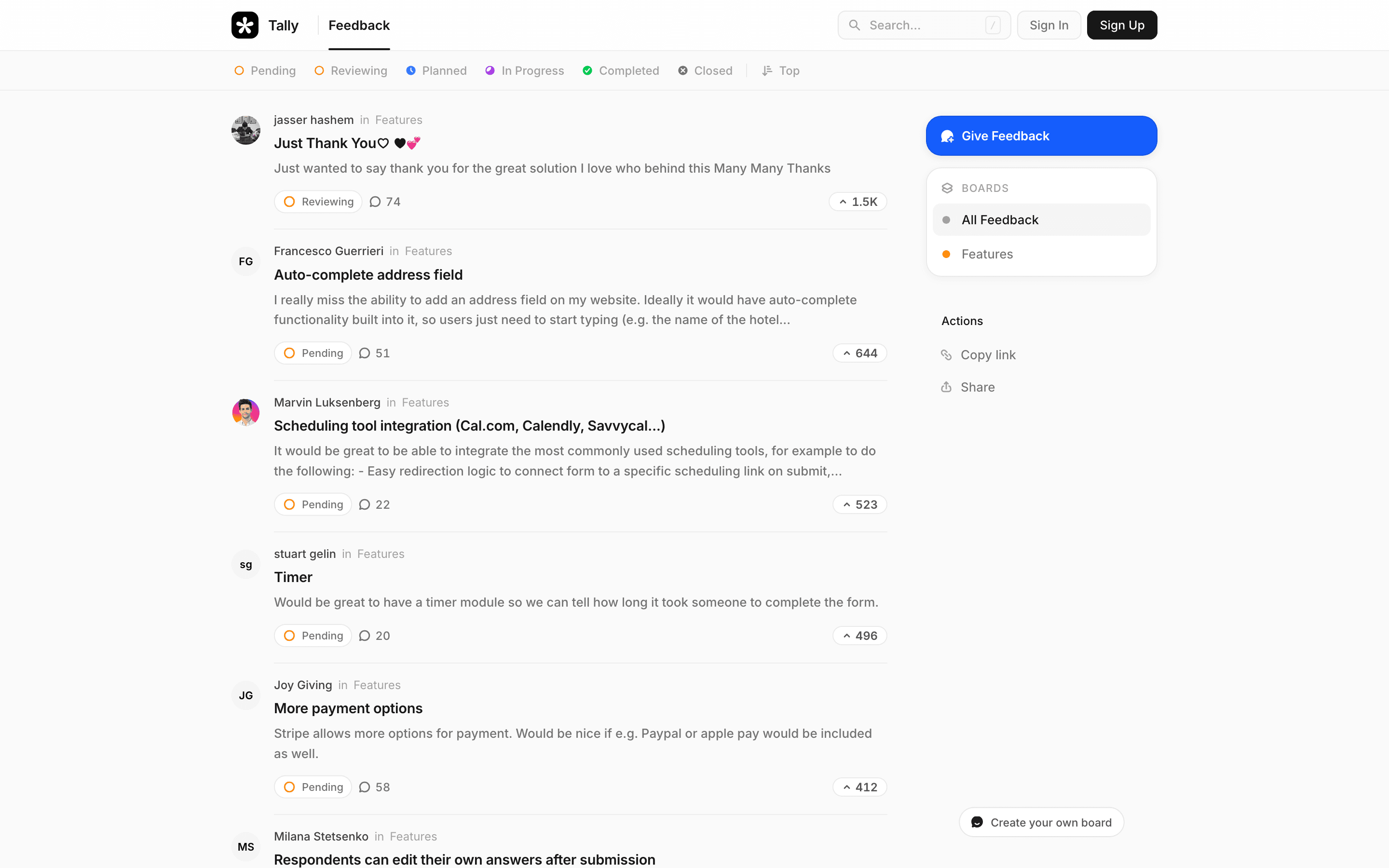 Tally: Feedback