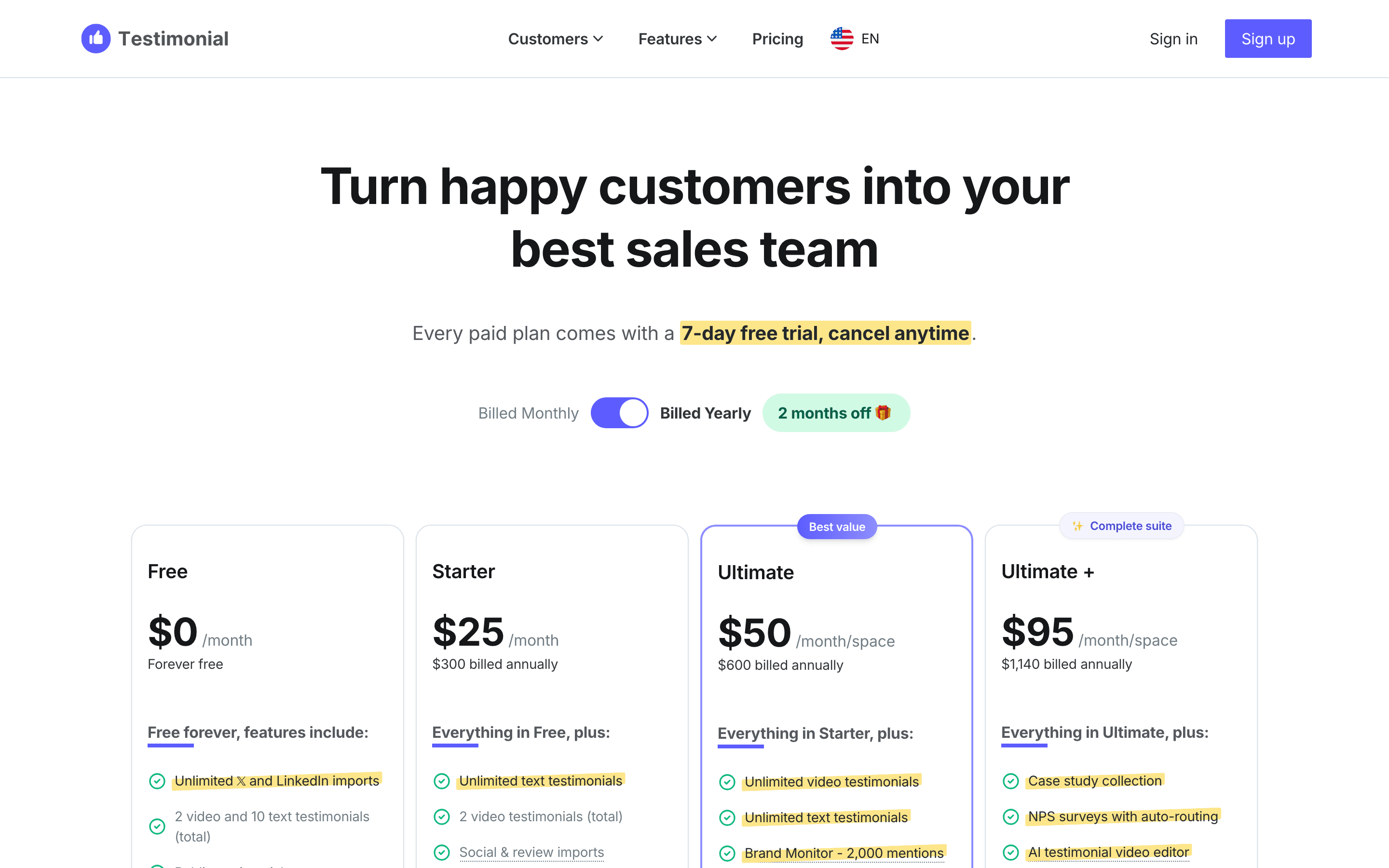 Testimonial.to pricing
