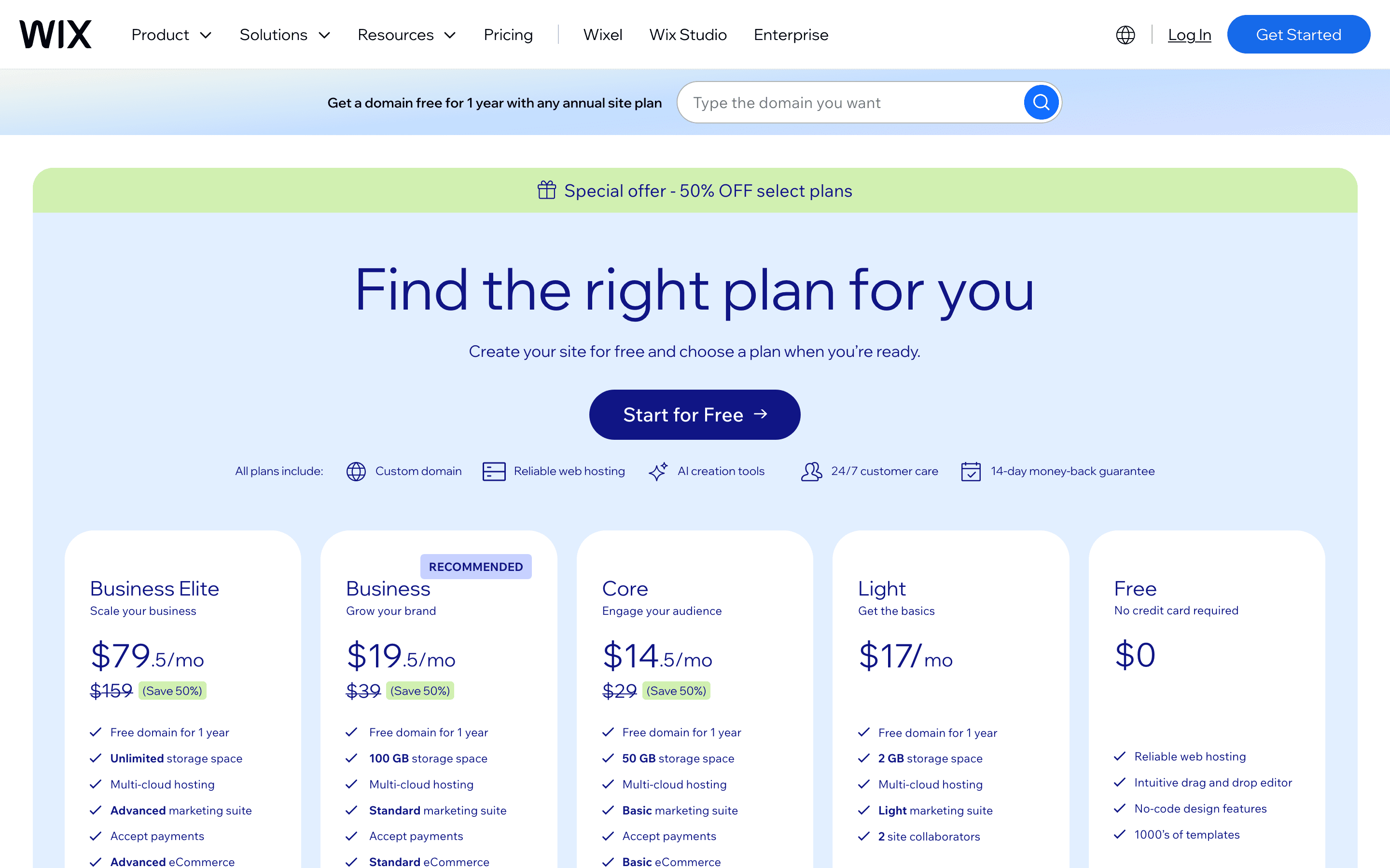 Wix pricing