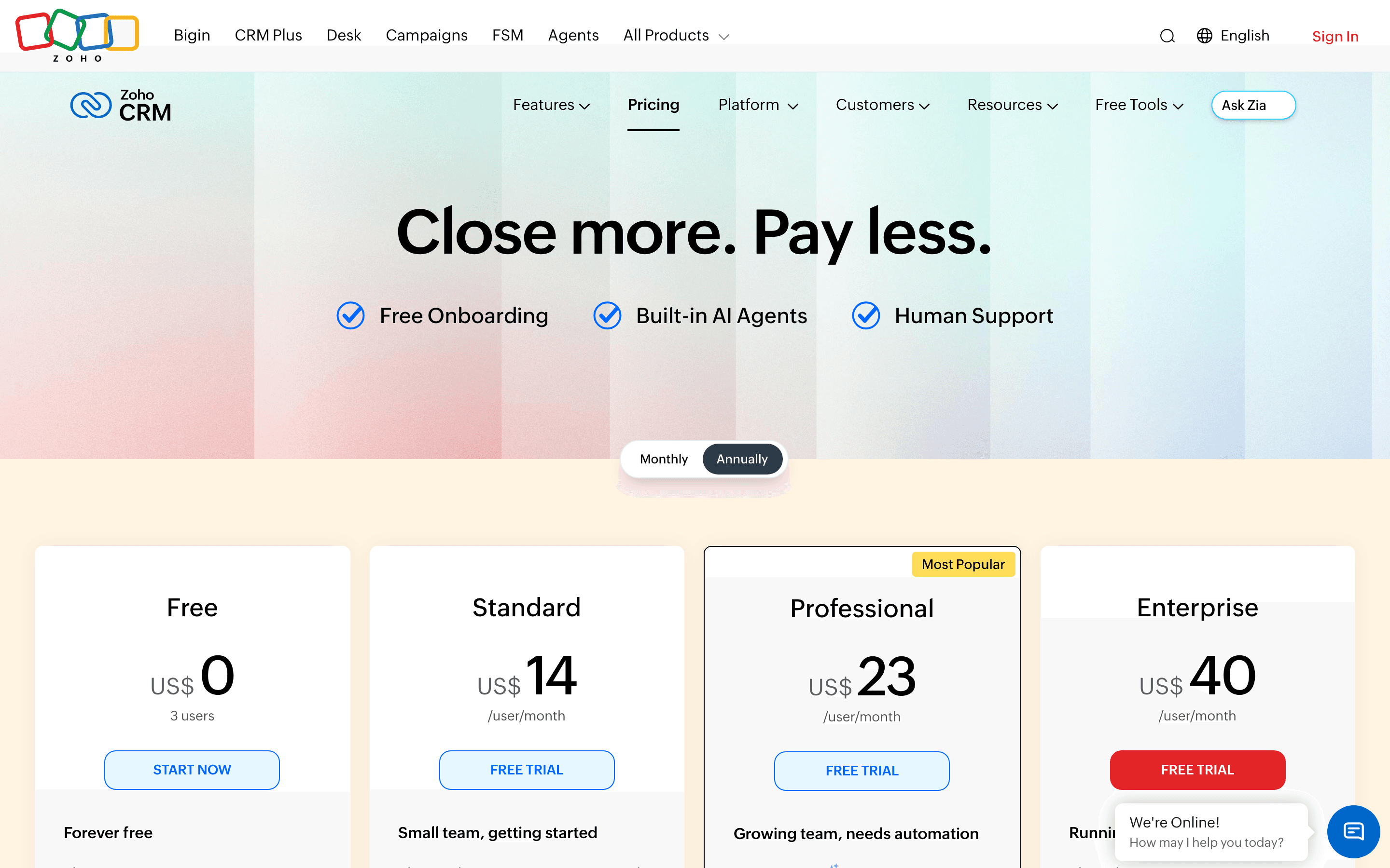 Zoho CRM pricing