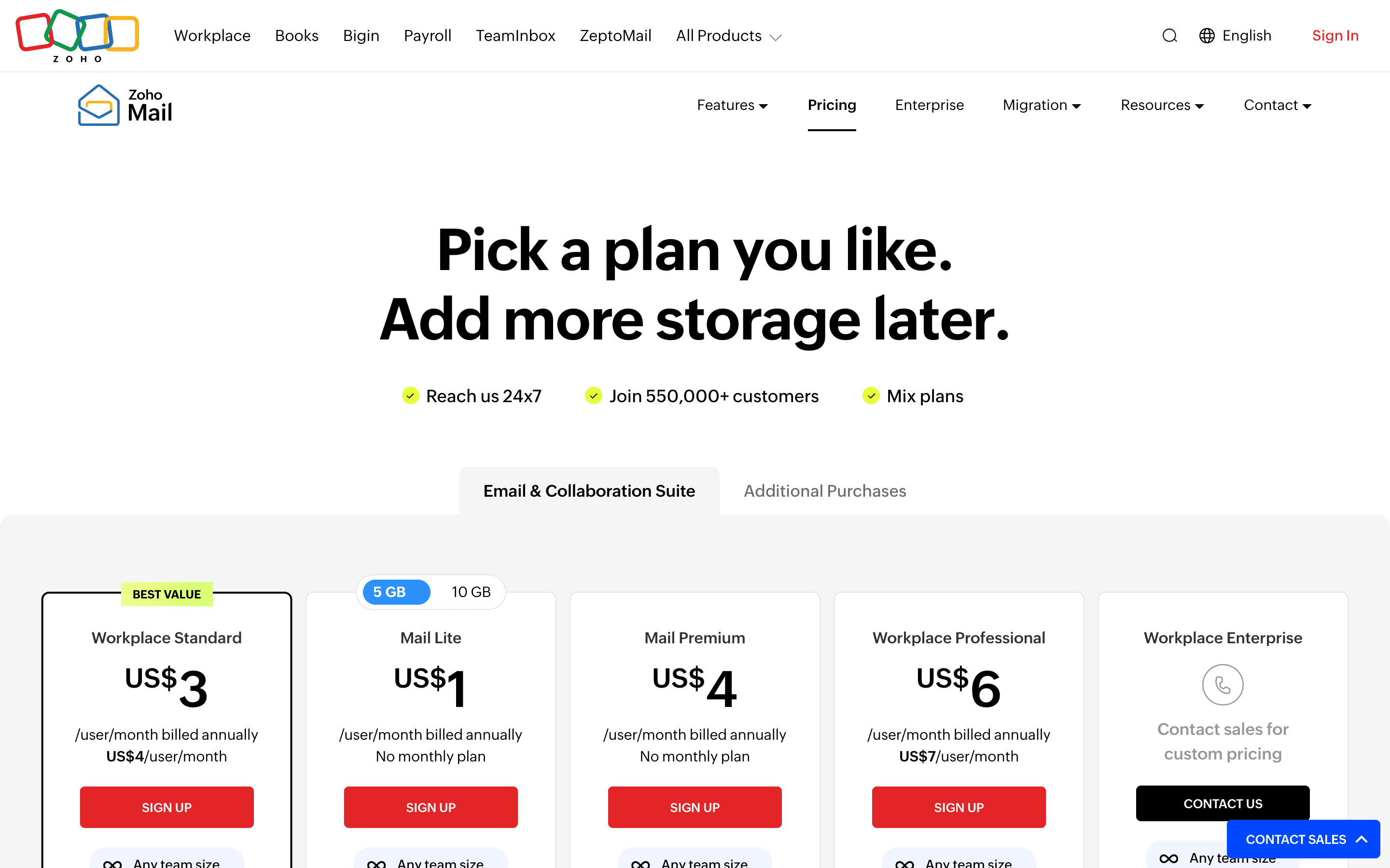 Zoho Mail pricing
